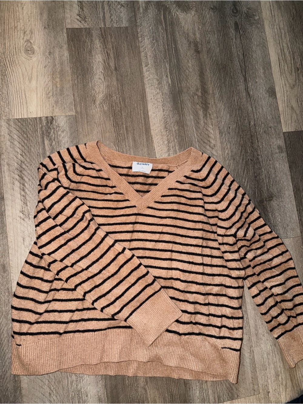 Old Navy Peach-Tan V-Neck Sweater with Black Stripes